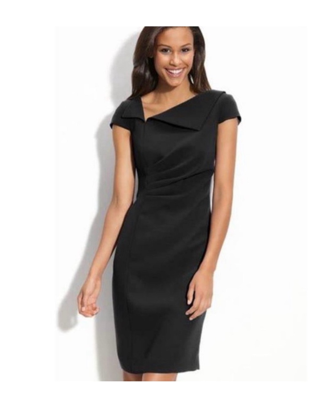 Tahari ASL Classic Black Cap-Sleeve Sheath Dress with Draping